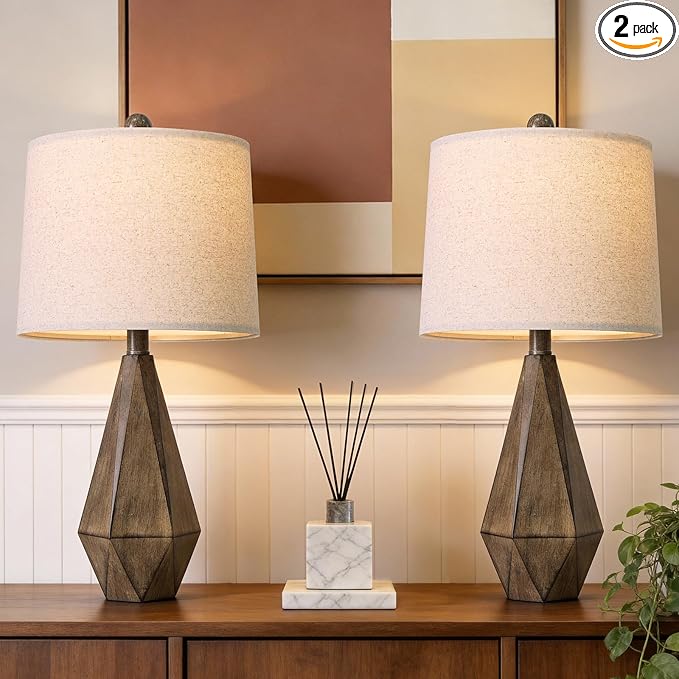 PoKat 23.5'' Table Lamps Set of 2 for Bedroom, Farmhouse Nightstand Lamps for Living Room, Rustic Bedside Lamps with Linen Lampshade for Side Table Office Hallway Entryway Dark Wood-Like (Brown)