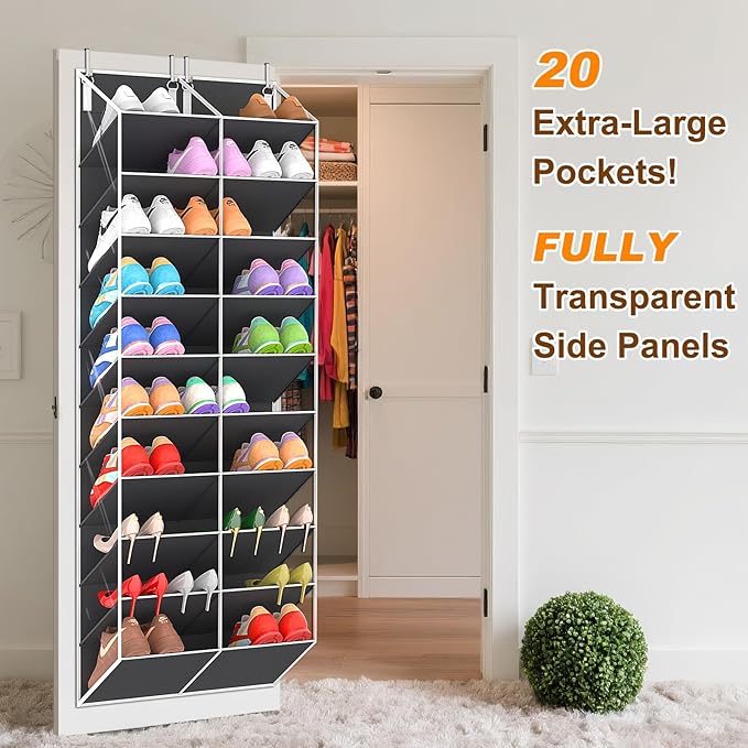 20-30 Pairs Over the Door Shoe Organizer, Clear Pockets Hanging Shoe Storage for Closet, 10-Tier Door Shoes Rack, Handing Shoes Holder Fit All the Family's Sneakers, Boots, Heels, Dark Grey