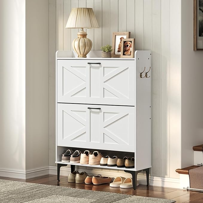 Shoe Storage Cabinet, Shoe Organizer with 2 Flip Drawers, Hidden Shoe Storage for Entryway, Freestanding Organizer with Open Storages, White SHWT9401