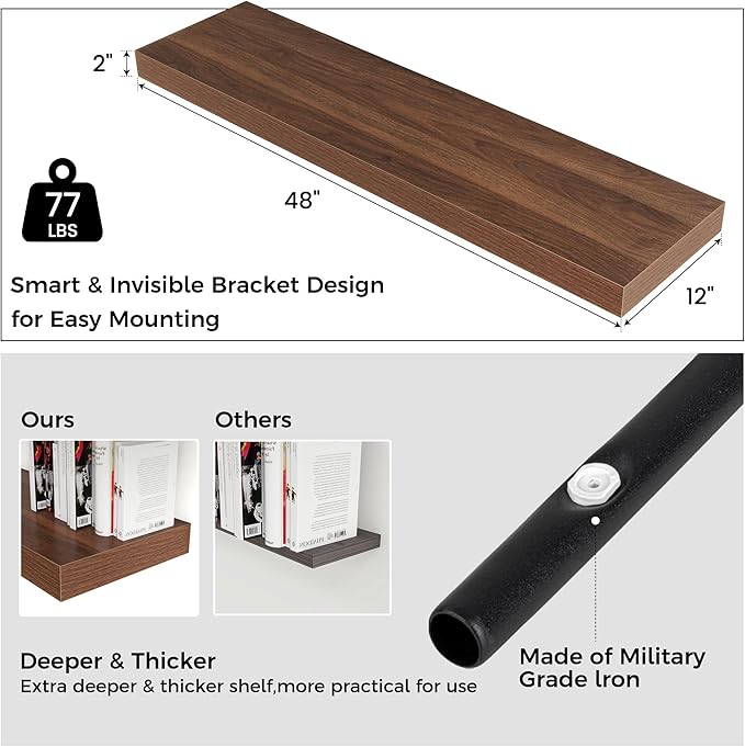 Venusmiles Floating Shelves for Wall, 48 Inch Wide x 12 Inch Deep Floating Shelves, Long Wood Floating Wall Shelf Shelves for Living Room Bathroom Bedroom Kitchen Home - (Walnut, 48" W x 12" D x 2" H)