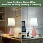 Small Bedside Table Lamp for Bedroom-Reading Desk Lamp Set of 2,with 3 Color Temperatures,15.5" Nightstand Ceramic Lamp with Fabric Shade for Kids Room,Living Room,Dorm,Home Office(Pink+White)