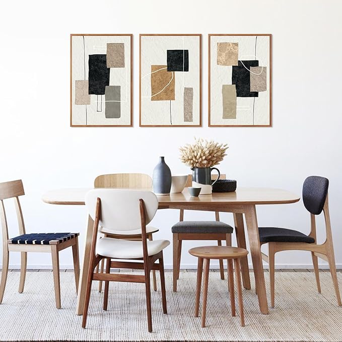 KAlRNE Neutral Abstract Framed Canvas Wall Art Set of 3(16”X24”),Black Beige and Brown Wall Decor,Modern Minimalist Block Lines Art Prints For Living Room Bedroom Office