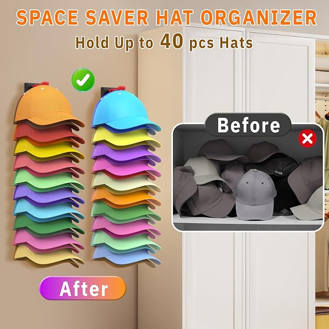 Hat Organizer for Baseball Caps, 2 Pack Hold Up to 40 Hats, Hat Rack for Wall Space Saving, Hat Hanger w/Strong Adhesive Hat Storage Holder Display for Closet Door and Wall (Black & Color)