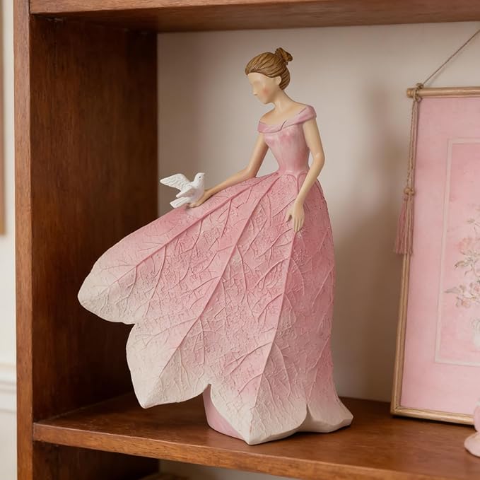 Guichifun Fairy Statue Collection Home Decoration - Pink Leaf Angel Girls Resin Home Garden Decor for Outside or Inside Rustic Fairy Garden Figurines Gifts for Women 8.5 x 5.25 x 12 Inch