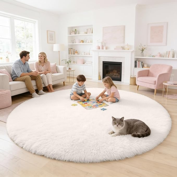 OLANLY Ivory Round Rugs for Bedroom - Machine Washable, 8 ft Circle Area Rugs for Living Room, Soft and Fluffy Shaggy Carpet for Teen Girls and Boys, Nursery Rooms, Dorms, Home Decor Aesthetic