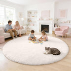 OLANLY Ivory Round Rugs for Bedroom - Machine Washable, 8 ft Circle Area Rugs for Living Room, Soft and Fluffy Shaggy Carpet for Teen Girls and Boys, Nursery Rooms, Dorms, Home Decor Aesthetic