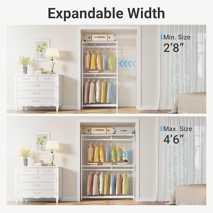 VIPEK X1 Plus Expandable Reach-in Closet Adjustable from 2'8" to 4'6" with Adjustable Shelves and Hanger Rods Clothes Rack Heavy Duty, Metal Clothing Racks Portable Walk-in Closet, White
