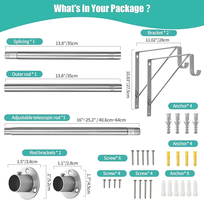 Closet Rod, 16 to 51 Inch Closet Rods Heavy Duty Adjustable Wardrobe Poles for Hanging Clothes and Heavy Duty Bracket Closet Pole Support (The Shelf NOT Included)(Silver)