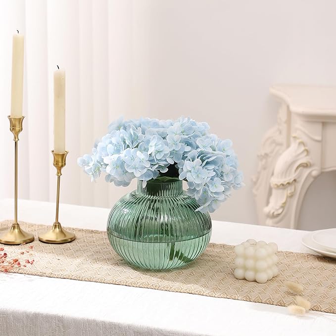 Green Glass Vase for Tulips, Ribbed Glass Vase for Flowers, Round Flower Vases, Small Short Vases for Living Room, Office, Coffee Table, Shelf, Wedding, 6 Inches