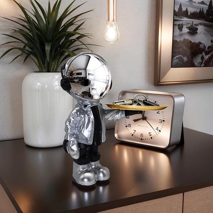 Dosker Astronaut Statues with Candy Dish & Key Dish,Spaceman Sculpture Polyresin Arts Gifts,Figurine Ornament Room Decor for Men,Tabletop Decoration for Living Room, Office, Entryway(Silver)