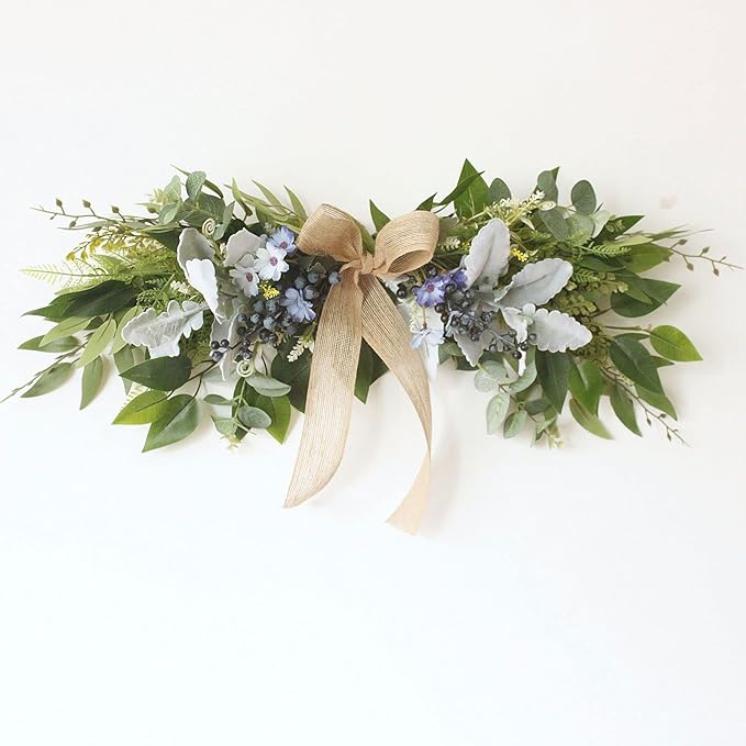 Floral Swag, Artificial Front Door Wreath Eucalyptus Leaves Garland, Artificial Mixed Eucalyptus Leaves Swag, Greenery Swag with Daisy Flower for Home Wall Wedding Party Decoration(#1)