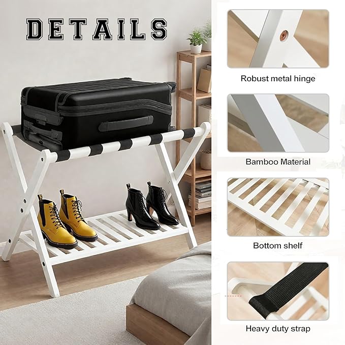 Bamboo Luggage Rack with Shoe Shelf Folding Suitcase Stand with 5 Heavy-Duty Straps for Guest Room Living Room Hotel Ideal Luggage Holder for Suitcases Bags Shoes,White