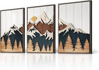 Framed 3D Wood Mountain Textured Wall Art for Living Room, 3 Piece Farmhouse Modern Wood Artwork for Walls, Landscape Mountain Forest Sun Wall Art Decor for Home Office Bedroom Hallway, 16x24 Inch