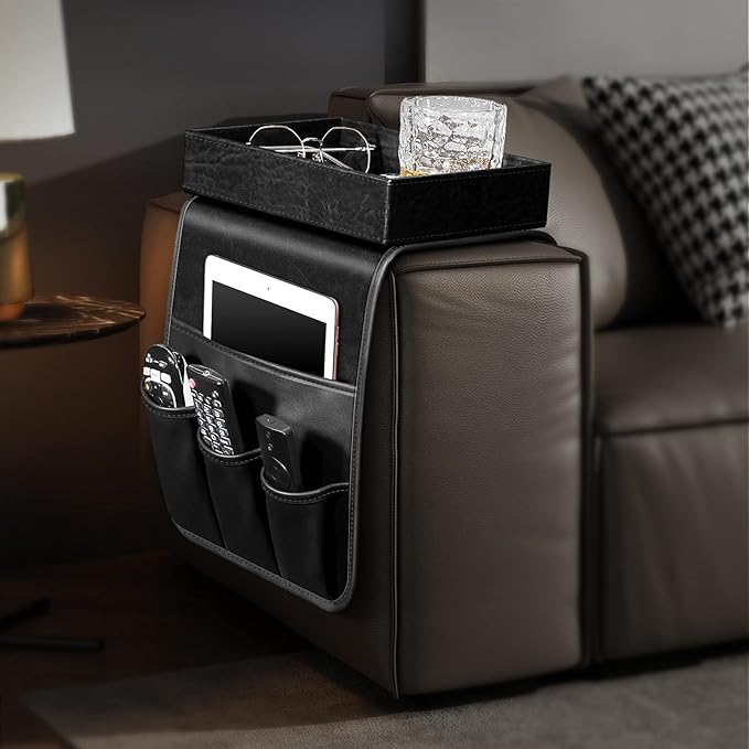 SITHON Sofa Remote Control Holder with Detachable Tray - [Non Slip] PU Leather Chair Couch Armrest Organizer Caddy with 5 Pockets for Magazines Phone iPad TV Remote Game Controller Eyeglasses (*Black)