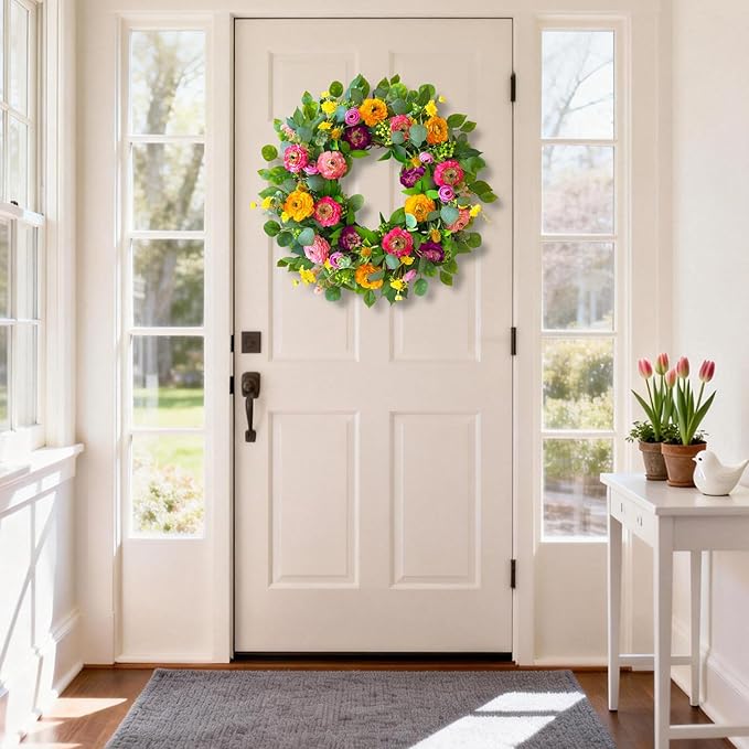 Spring Wreaths for Front Door 24 Inch Outdoor Spring Wreath with Peony Rose Ranunculus & Eucalyptus,Handmade Silk Summer Wreaths for Front Door,Spring Door Wreath for Porch Home Wall Window