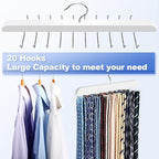 Upgraded Tie Rack Hanger with 20 Foldable Metal Hooks, Space Saving Necktie Organizer for Men – Large Capacity Tie and Belt Wooden Hanger for Closet - White
