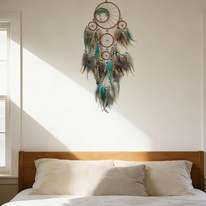 Blue and Brown Large Dream Catcher Wall Decor Crystal Tree of Life Dream Catchers Handmade Feather Dreamcatcher Wall Hanging Ornament for Bedroom Living Room Home Decor