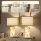 Scenekoy Alabaster Table Lamp Set of 2 with Night Light for Bedroom Living Room, 23" Rotary Switch Bedside Lamp with Linen Shade, Modern Nightstand Lamps for Room Office Dorm (Bulb Included)