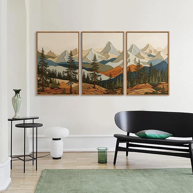 SIGNINART Vintage Mountains Framed Canvas Wall Art, Wooden Forest Wall Decor, Green Wood Pine Trees Wilderness Artwork, Natural Ridge Landscape Art Paintings for Living Room Bedroom Office 16"x24"x3