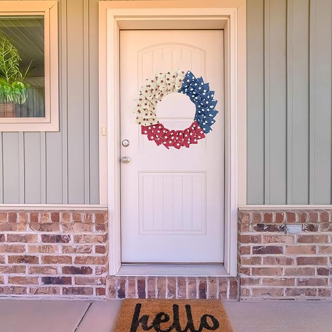 Patriotic Wreath for Front Door Red White Blue Wreath 4th of July Wreaths for Door Wall Memorial Day Decor Independence Day Hanging Decoration for Outside Home Farmhouse Holiday (Little Star)