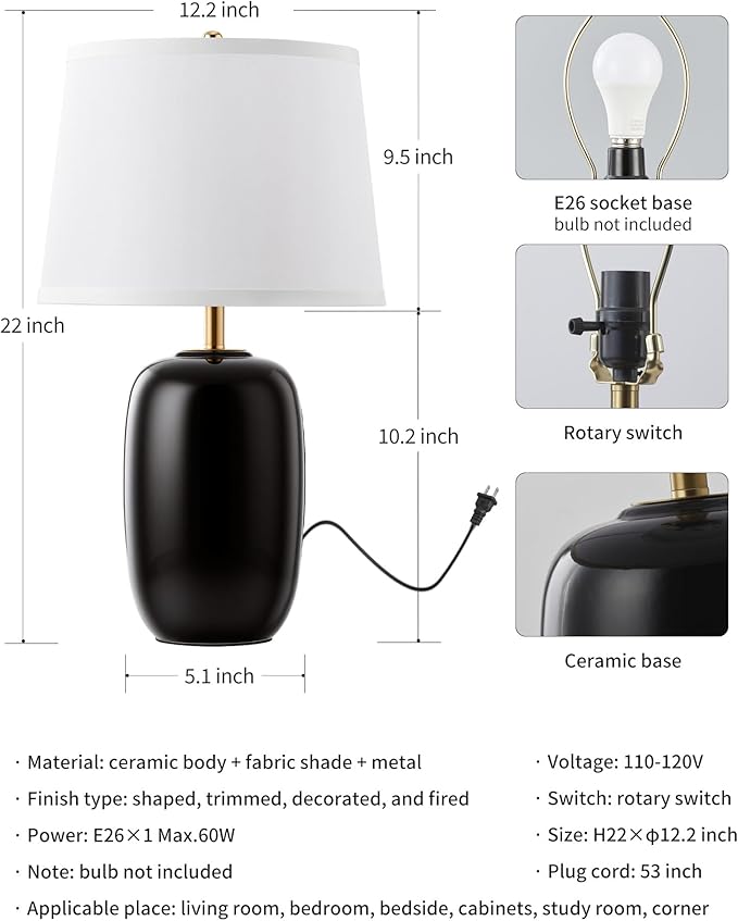 PUSU 22 Inch Black Ceramic Table Lamps Set of 2, Fabric Lampshade Living Room Office Desk lamp, E26 Socket Rotary Switch Lighting for Bedroom, Nightstand, Reading, Office, Study, Corner, Home Decor