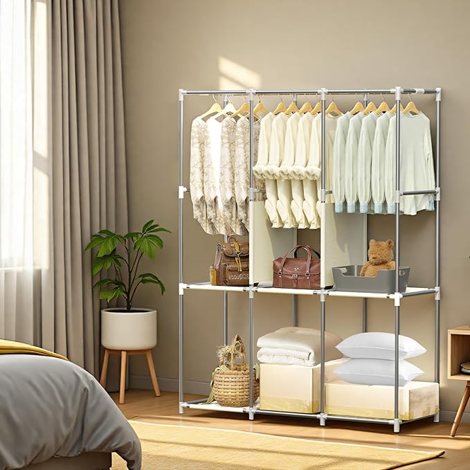 Portable Closet, Portable Closets for Hanging Clothes with 3 Hanging Rods and 6 Storage Shelves, Non-Woven Fabric Cover, Black Wardrobe Closet Easy to Assemble and Strong and Stable