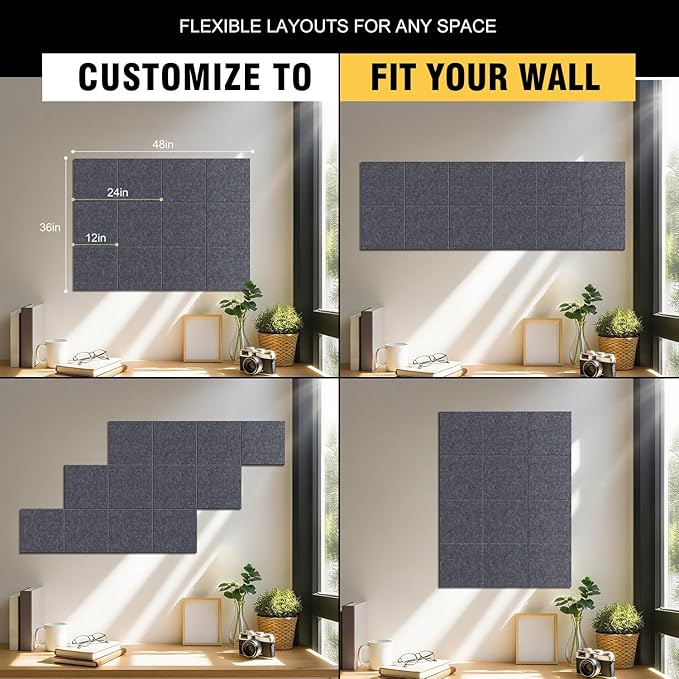 TSJOFFICE Large Cork Board for Wall - 48" x 36" Bulletin Board with 50 Pushpins for Office Decor, Pin Board 12 Pack Felt Wall Tiles with Safe Removable Adhesive Tabs, Corkboard for Home Office - Grey