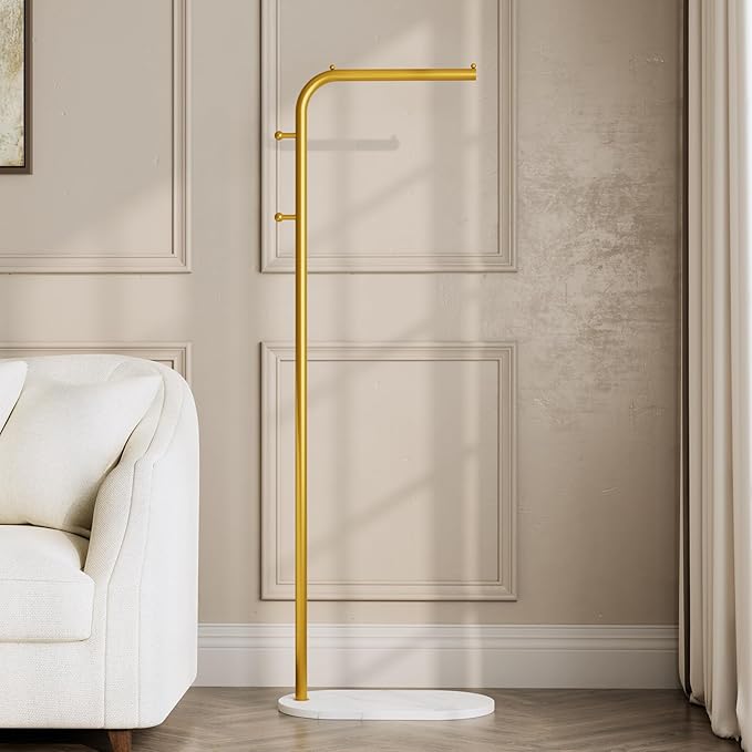 Freestanding Clothing Rack with Marble Base,Modern Garment Rack for Small Spaces,Sturdy Metal Coat Rack with Hooks,Clothes Rack for Hanging Clothes in Bedroom,Closet,Entryway (gold)