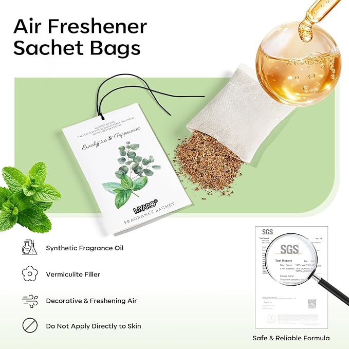 MYARO 12 Packs Eucalyptus Mint Scented Sachets for Drawer and Closet, Long-Lasting Closet Sachet Bags Drawer Deodorizers Fresh Scents, Home Fragrance Air Freshener