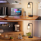 Innqoo Industrial Touch Bedroom Lamps for Bedrooms Set of 2-3-Way Dimmable Table Lamps with USB C+A Ports and Outlet, Bedside Lamps with Gray Glass Shade for Living Room, Desk Lamps for Home Office