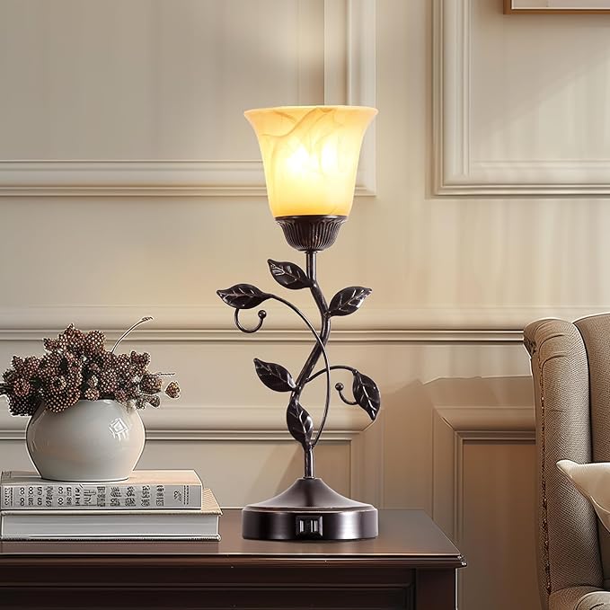 Set of 2 Touch Vintage Bedroom Leaf Table Lamps with 2 USB Ports | 3-Way Dimmable Nightstand Flower Lamps, Amber Glass Shade Rustic Lamp for Living Room Bedroom, LED Bulb Included (Bronze)