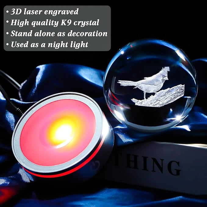 Movdyka 3D Crystal Ball Red Cardinal Gifts for Women Men, Cardinal Memorial Gifts for Loss of Loved One, Laser Engraved Red Bird Decor Glass Animals Figurine with LED Night Light Lamp Base