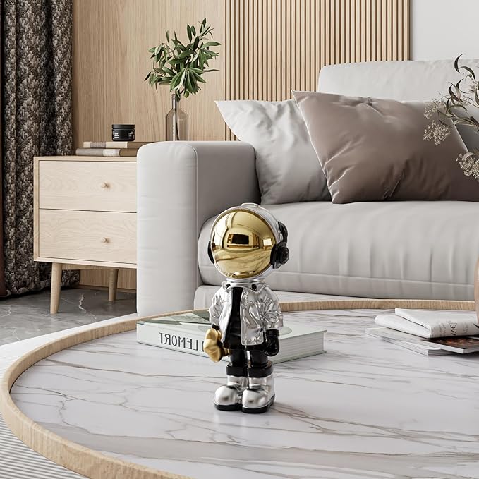 EZ4ENCE Small Figurine Statue Astronaut Sculpture Decor,Sculpture for Home Decor,Arts Silver Shelf Decoration,Cool Metal Mask Table Decor,Mini Ornament