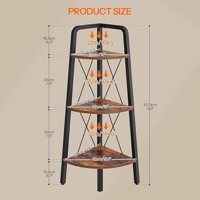 HOOBRO Corner Shelf, 3-Tier Corner Shelf Stand, 40” Tall Ladder Bookshelf, Industrial Corner Display Shelf Plant Stand for Living Room, Kitchen, Home Office, Rustic Brown BF143CJ01