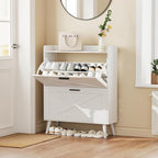 32" W Farmhouse Shoe Storage Cabinet with 2 Flip Drawers and Barn Door Design, Adjustable Shelves, Modern Hidden Slim Narrow Shoe Rack Cabinet for Entryway, Foyer, Hallway, Living Room, White