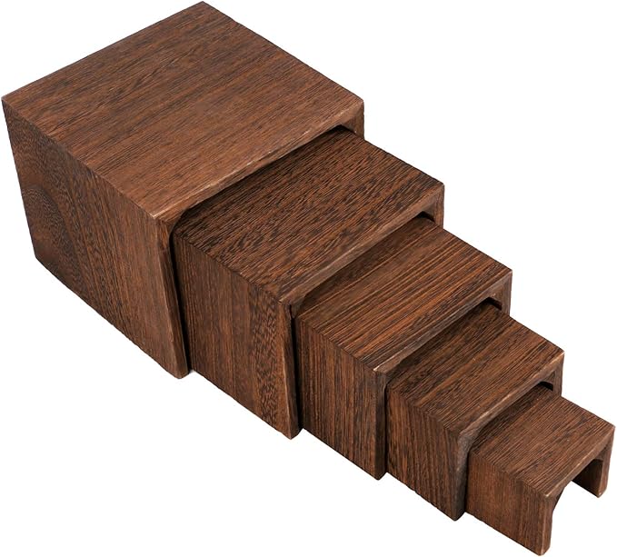 MOOCA 5-Piece Wooden Jewelry Display Risers - Multi-Function Retail Stands for Rings, Watches, Necklaces, Bracelets, and More - Various Heights, Brown Color