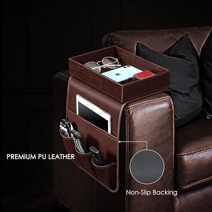 SITHON Sofa Remote Control Holder with Detachable Tray - [Non Slip] PU Leather Chair Couch Armrest Organizer Caddy with 5 Pockets for Magazines Phone iPad TV Remote Game Controller Eyeglasses (Brown)