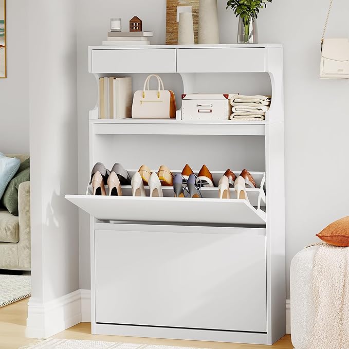 Shoe Cabinet with 2 Flip Drawers & 2 Top Drawers, Narrow Hidden Shoe Storage Cabinet for Entryway, Freestanding Shoes Organizer with Storage Space, 12-16 Pairs, for Hallway, White SR45303X