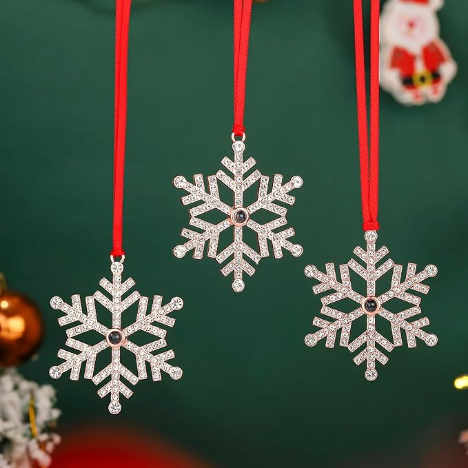 Set of 3 Christmas Hanging Ornaments - Silver Snowflake Star Pawprint Christmas Tree Decor for Xmas Tree Gift Decorative Hanging Ornaments Hanging Pendants (3, Rose Gold Snowflake)
