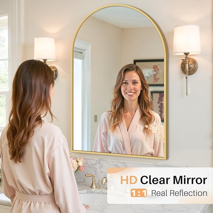 Bathroom Mirror for Wall, 38x26 Inch Arched Mirror, Matte Gold Metal Framed Bathroom Vanity Mirror for Restroom Farmhouse, Anti-Rust, Tempered Glass, Hanging or Leaning