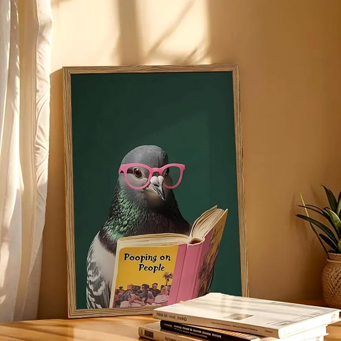 Framed Funny Pigeon Wall Art, Humorous Bird Reading Wall Decor Paintings, Pooping on People Book Pictures Canvas Print Eclectic Home Decor for Bathroom Living Room Office Dorm 16x24 inch