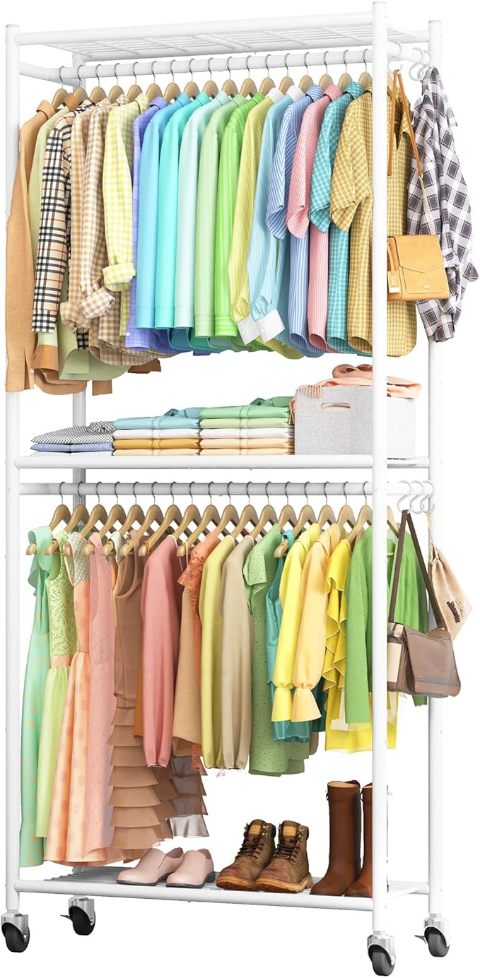 Clothes Rack - 33.0" x 12.2" x 79.5" Clothing Rack with Shelves & Wheels, Multi-Functional Wardrobe Closet with Hooks, Sturdy Metal Garment Rack for Bedroom, Laundry, Balcony (White)