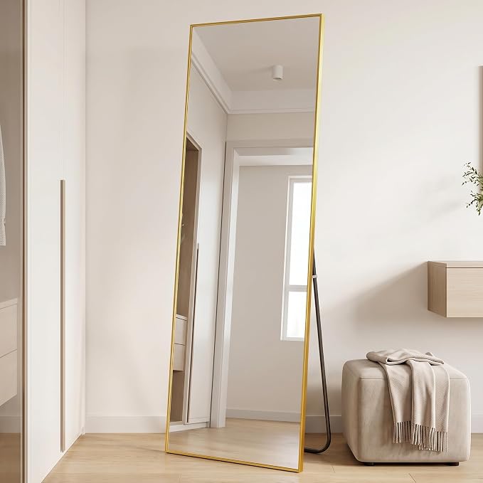 BEAUTYPEAK Full Length Mirror, 58"x14" Standing Hanging or Leaning Against Wall Floor Mirrors Body Dressing Wall-Mounted for Living Room, Bedroom with Aluminum Alloy Thin Frame, Gold