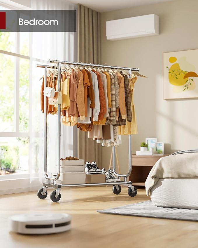 Heavy Duty Stainless Steel Rolling Clothes Rack with Mesh Shelf, Lockable Wheels & Anti-Slip Stoppers, Large Capacity Clothing Organizer for Bedroom, Laundry Room, 43.5" x 16.5" x 65.9", Silver
