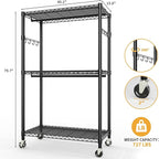 Heavy Duty Rolling Clothes Rack,Load 730LBS Clothing Racks for Hanging Clothes,Free Standing Closet Organizers and Storage Garment Racks with Wheels,2 Rods,Side Hooks,80"H x 45"W x 16"D