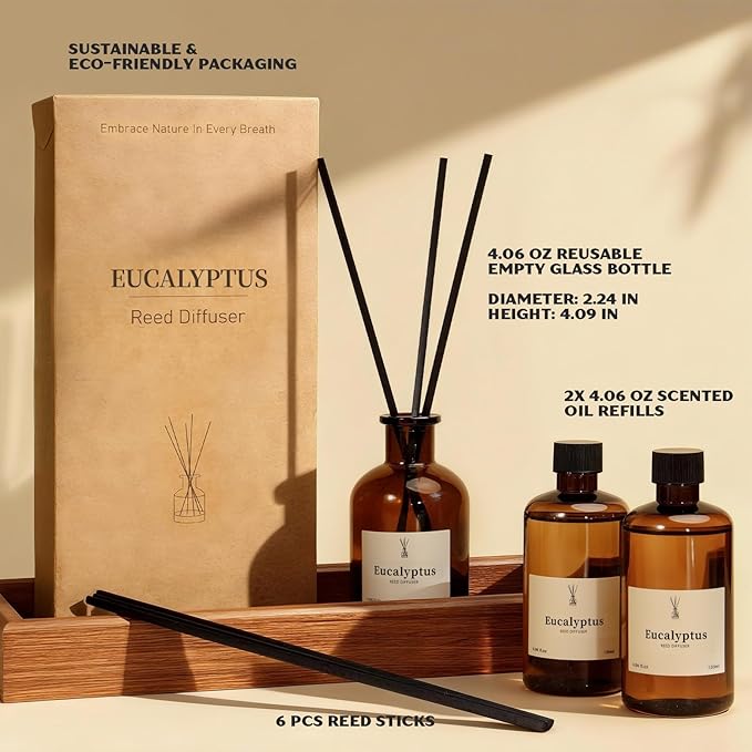 Reed Diffuser Set, 8.12 fl.oz Eucalyptus Scented Diffuser with Sticks, Up to 120 Days, Home Fragrance Reed Diffuser for Bathroom Shelf Decor & Room Freshener