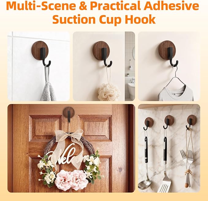 Suction Cup Wreath Hanger for Front Door, Over Door, Window Glass, Mirrors, Tiles – Decorative Hooks for Christmas/Thanksgiving/Halloween/July 4th/Easter/Valentine/Spring/Summer/Fall (2 Pack, Walnut)