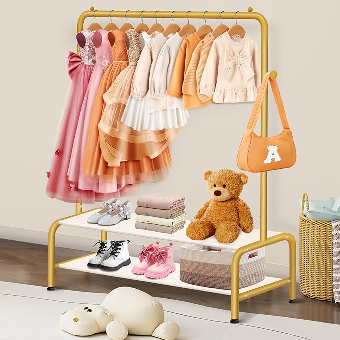 Kids Gold Clothing Rack - Dress Up Clothes Rack - Baby Toddler Closet - Freestanding Coat Racks with 2 Fabric Shelves - Small Kids Costume Wardrobe - Garment Rack for Hanging Clothes Organizer