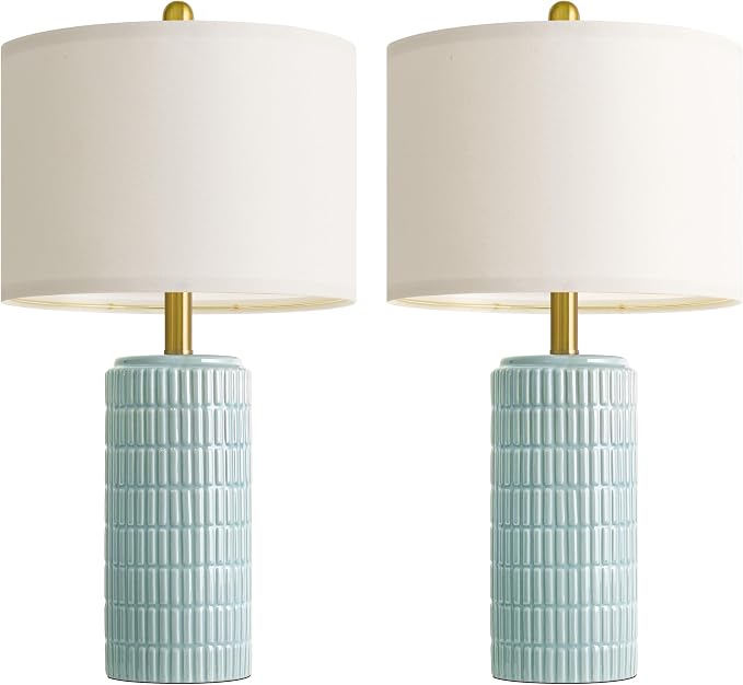 PoKat 23" Light Blue Table Lamps Set of 2, Modern Bedside Lamps for Bedroom, Coastal Ceramic End Table Lamps for Living Room, Ocean Nightstand New Home Decor Lamps