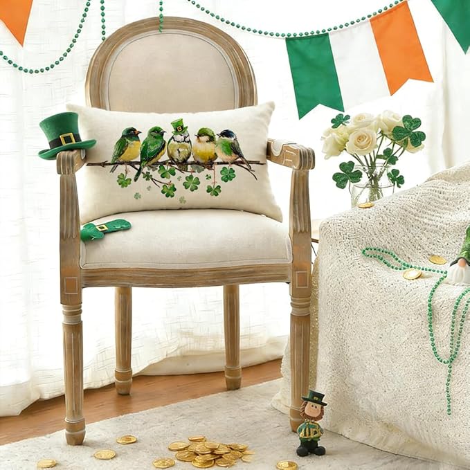 RABUSOFA St.Patricks Day Pillow Covers 12x20 Inch,Birds Shamrock St Patricks Day Decorations Holiday Spring Decorative Pillow Case Decor for Sofa Couch Green
